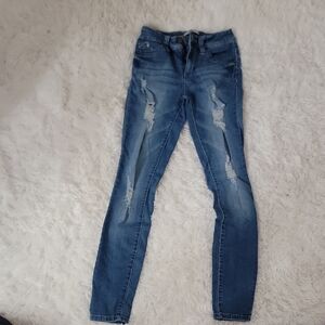 YMI Women's Skinny Mid Rise Jeans in Distressed Blue